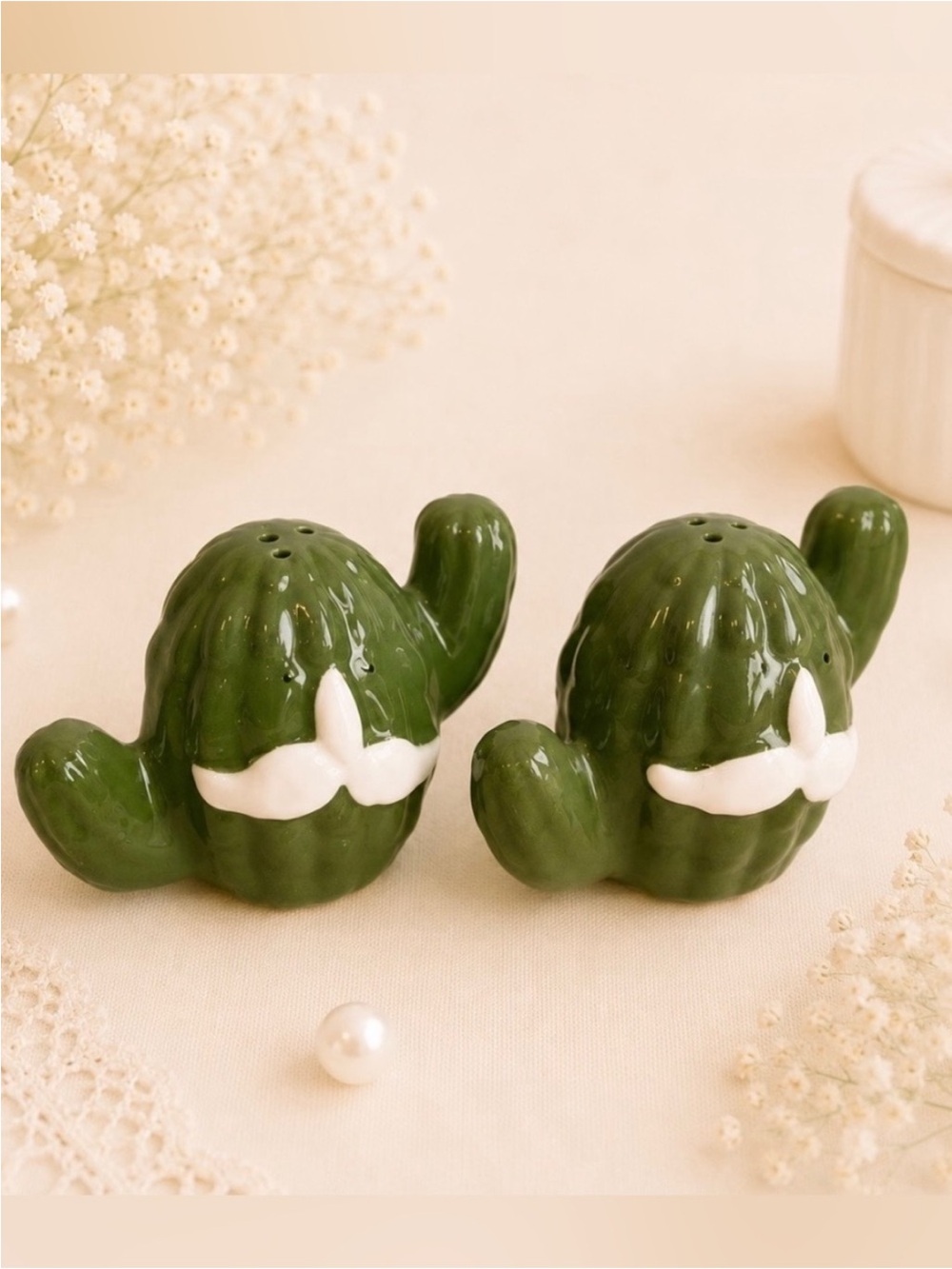 Ceramic Anthropomorphic Green Cactus Salt & Pepper Shakers